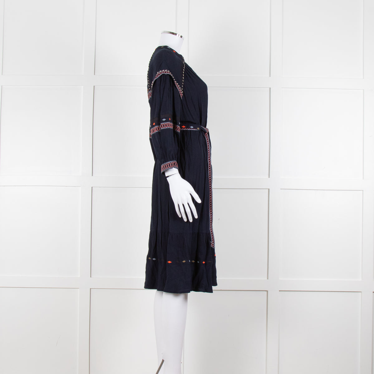 Ba & Sh Navy Blue Orange Embroidered Trim Peasant Belted Dress