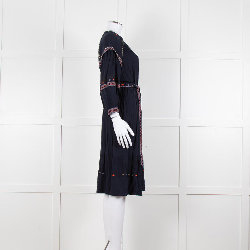 Ba & Sh Navy Blue Orange Embroidered Trim Peasant Belted Dress