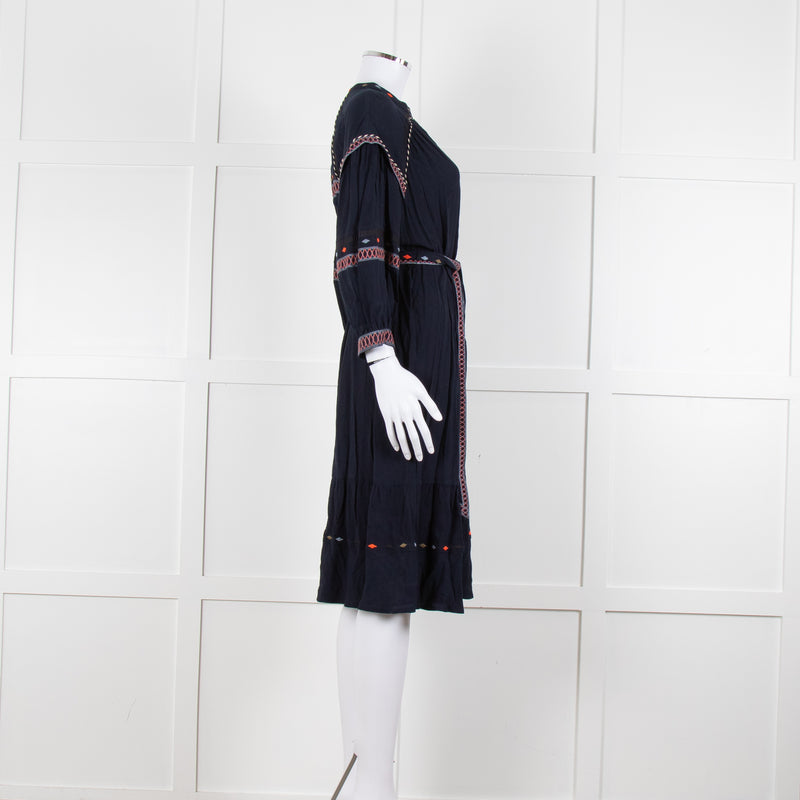 Ba & Sh Navy Blue Orange Embroidered Trim Peasant Belted Dress