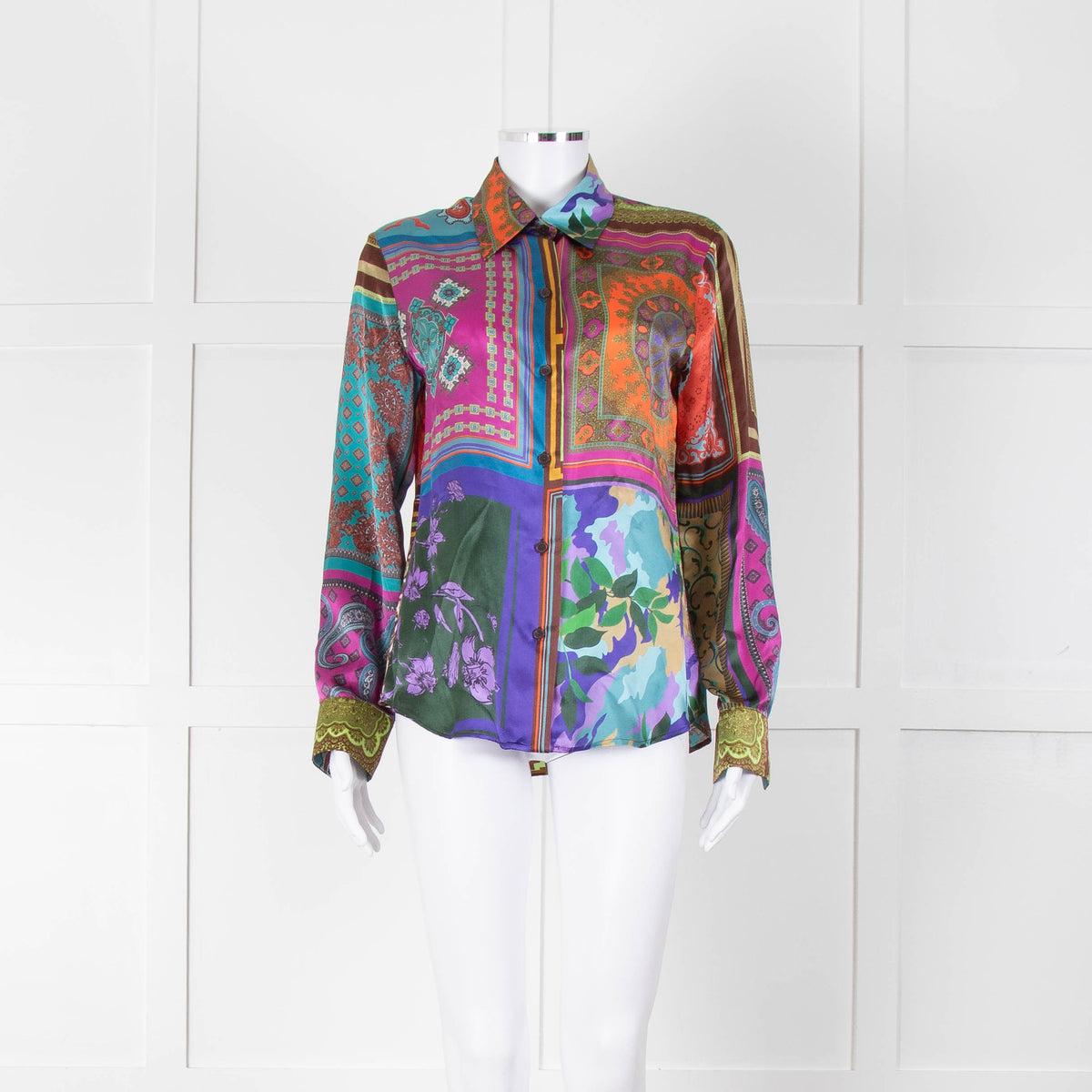 Mirto Patchwork Purple, Orange and Brown Silk Collared Shirt