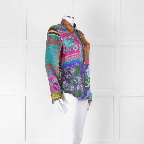 Mirto Patchwork Purple, Orange and Brown Silk Collared Shirt