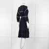Ba & Sh Navy Blue Orange Embroidered Trim Peasant Belted Dress