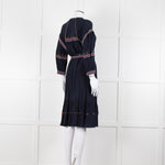 Ba & Sh Navy Blue Orange Embroidered Trim Peasant Belted Dress