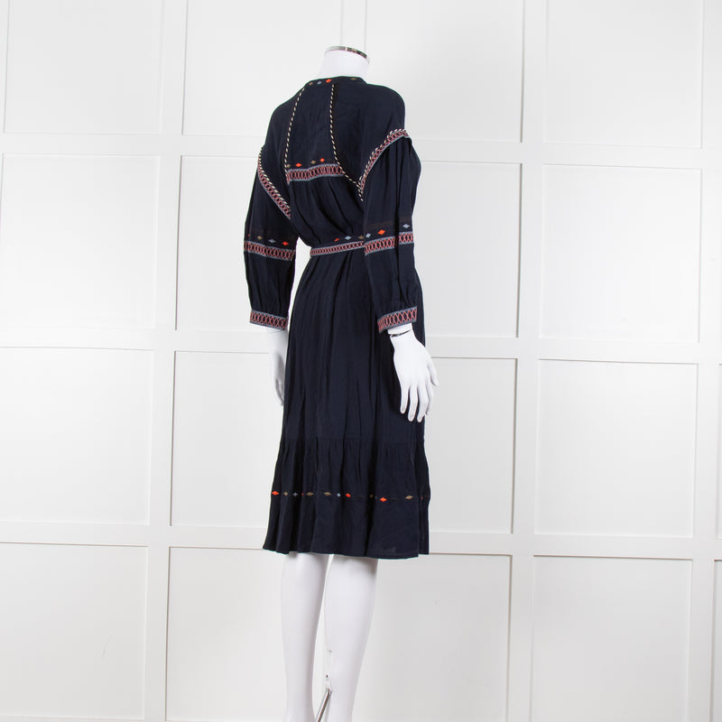 Ba & Sh Navy Blue Orange Embroidered Trim Peasant Belted Dress