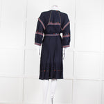 Ba & Sh Navy Blue Orange Embroidered Trim Peasant Belted Dress