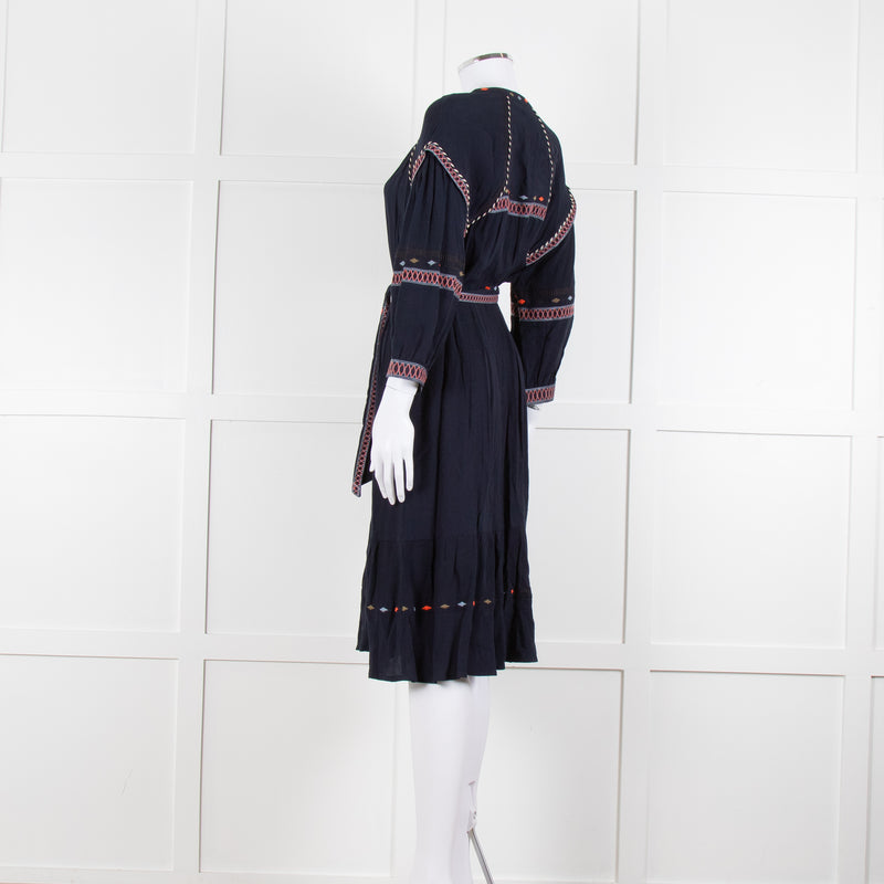 Ba & Sh Navy Blue Orange Embroidered Trim Peasant Belted Dress