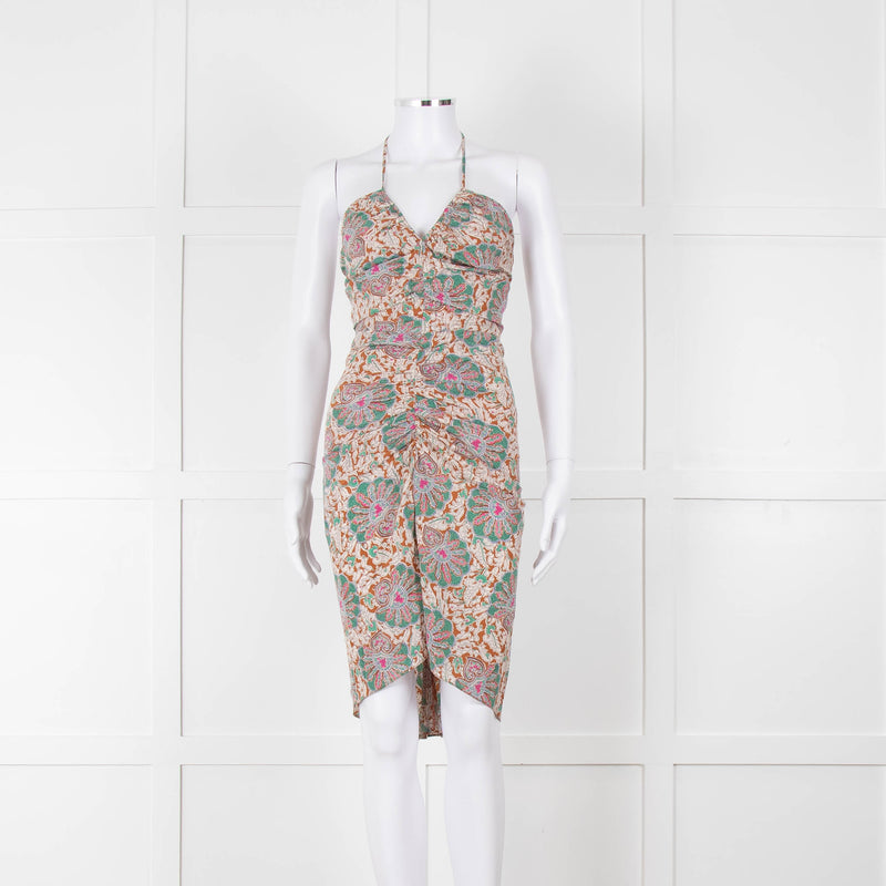 Veronica Beard Cream Tan Turquoise Paisley Halter Mini Dress