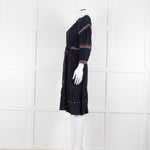 Ba & Sh Navy Blue Orange Embroidered Trim Peasant Belted Dress