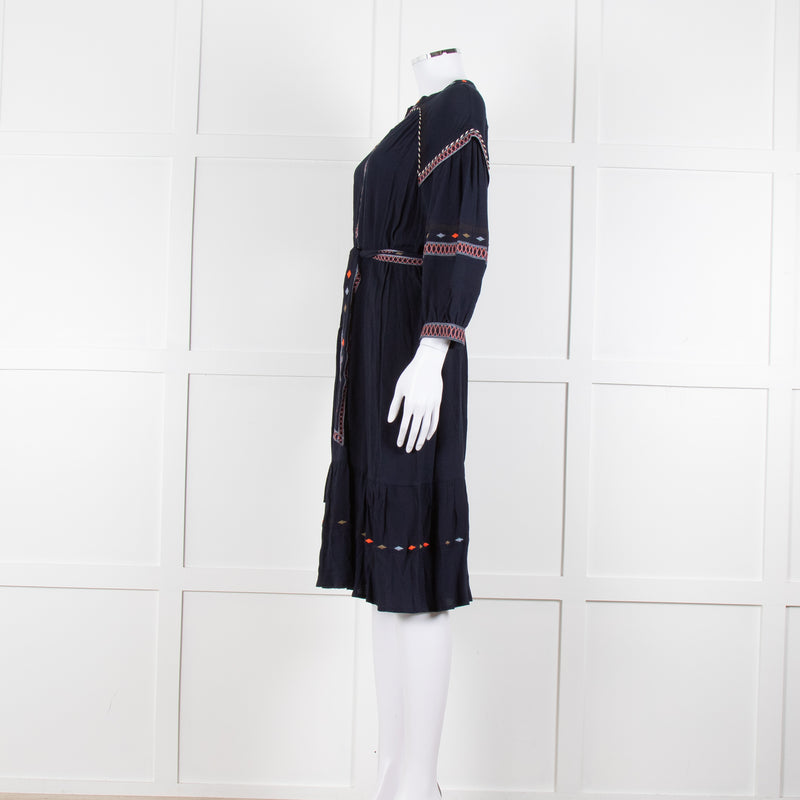 Ba & Sh Navy Blue Orange Embroidered Trim Peasant Belted Dress