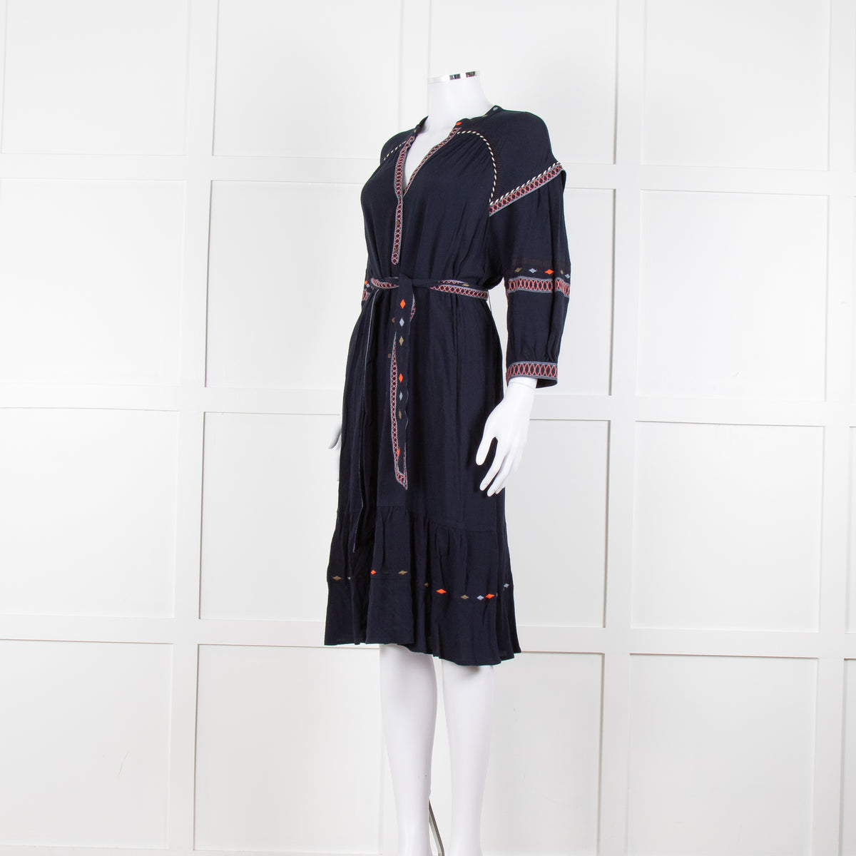 Ba & Sh Navy Blue Orange Embroidered Trim Peasant Belted Dress