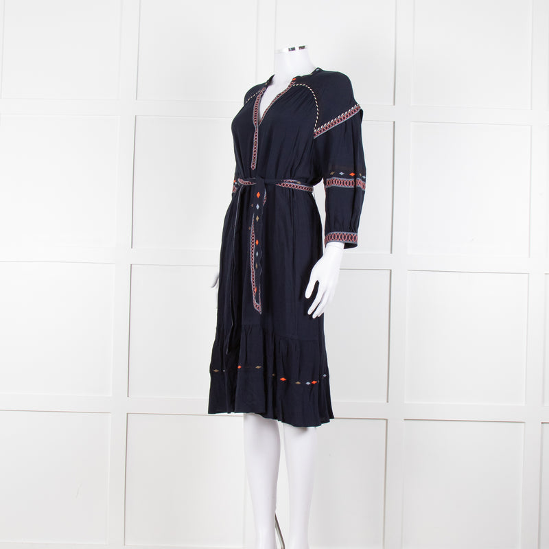 Ba & Sh Navy Blue Orange Embroidered Trim Peasant Belted Dress