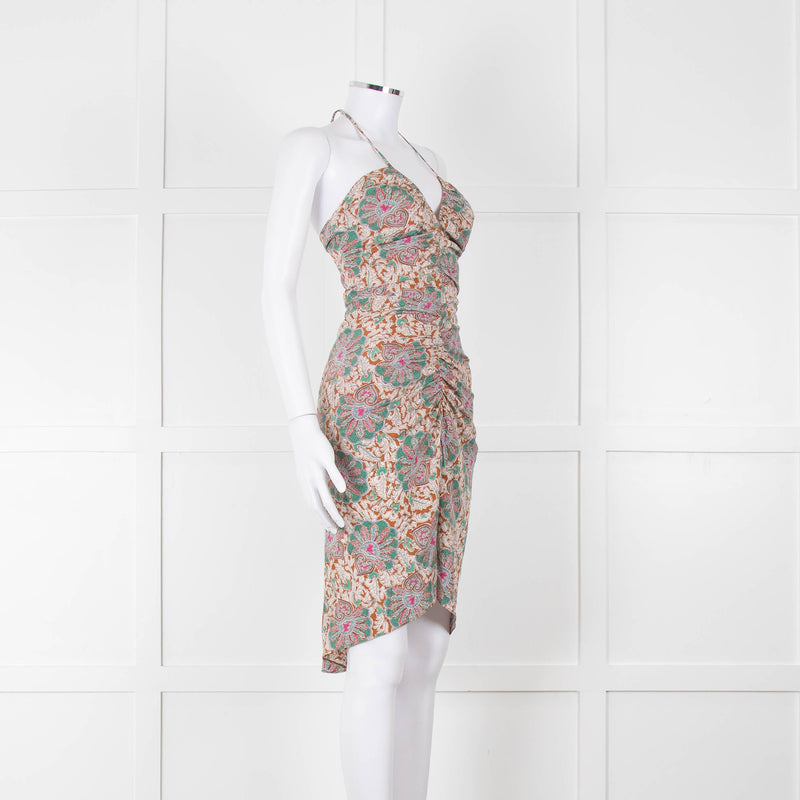 Veronica Beard Cream Tan Turquoise Paisley Halter Mini Dress
