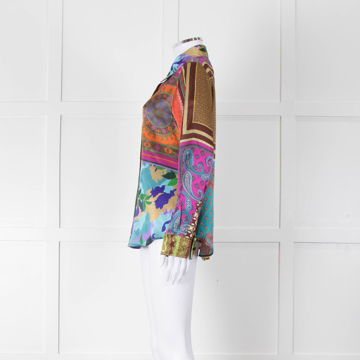 Mirto Patchwork Purple, Orange and Brown Silk Collared Shirt