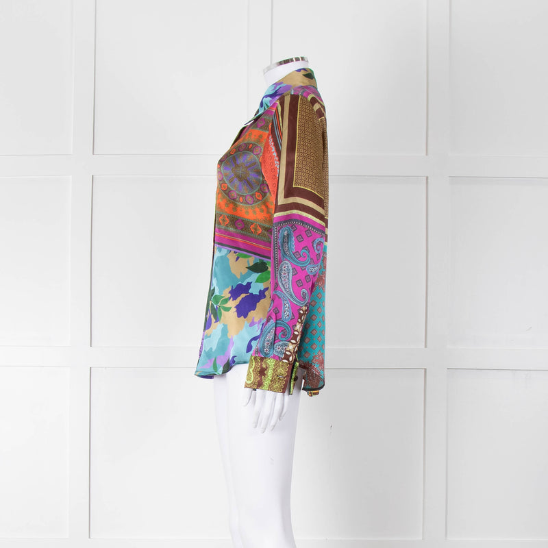 Mirto Patchwork Purple, Orange and Brown Silk Collared Shirt