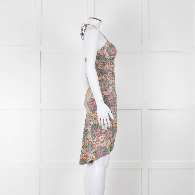 Veronica Beard Cream Tan Turquoise Paisley Halter Mini Dress