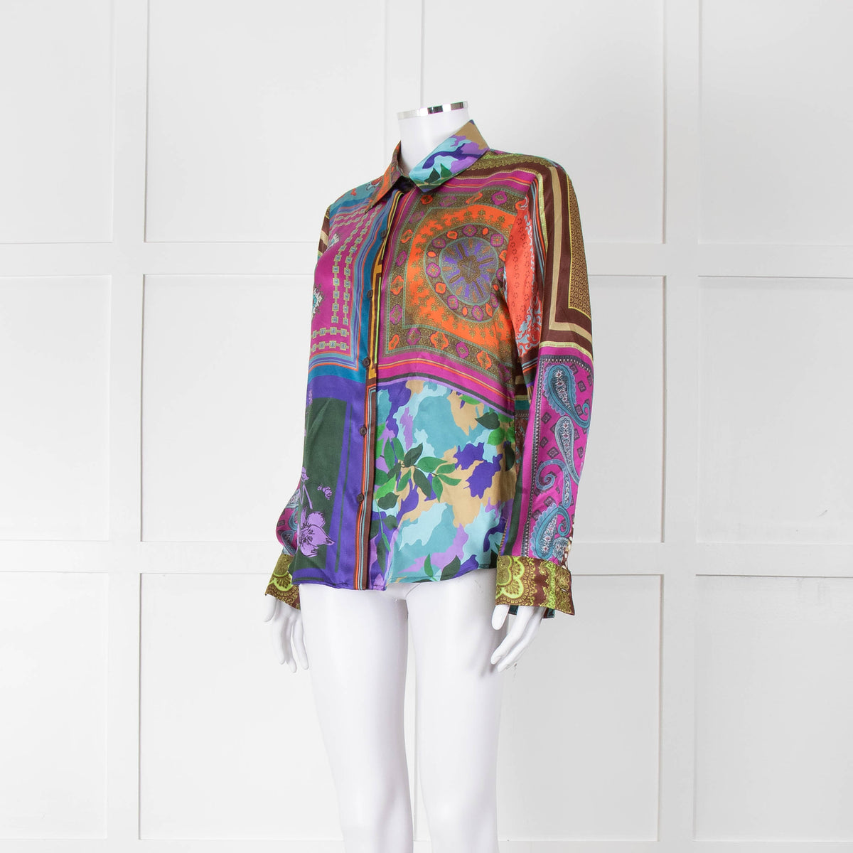 Mirto Patchwork Purple, Orange and Brown Silk Collared Shirt