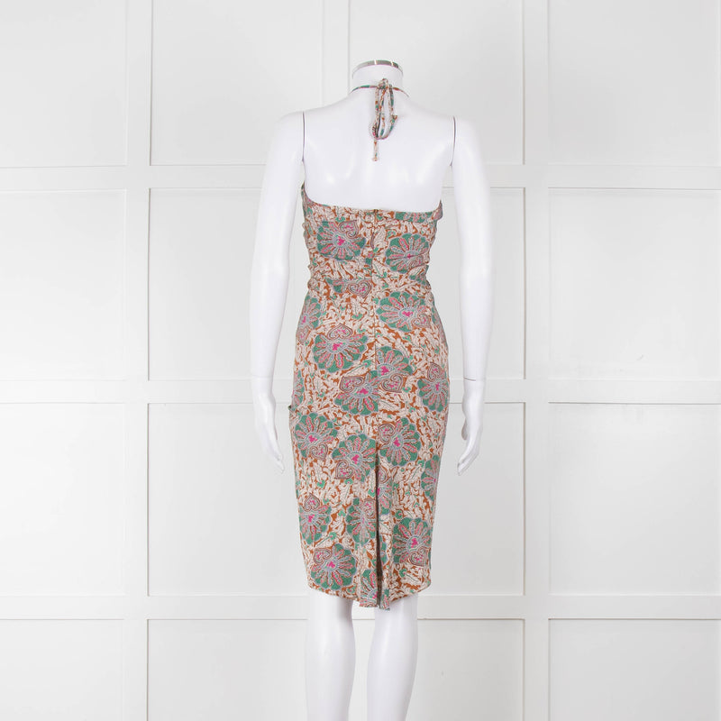 Veronica Beard Cream Tan Turquoise Paisley Halter Mini Dress