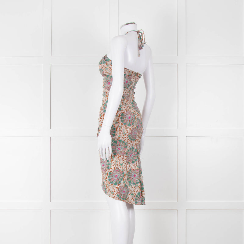 Veronica Beard Cream Tan Turquoise Paisley Halter Mini Dress