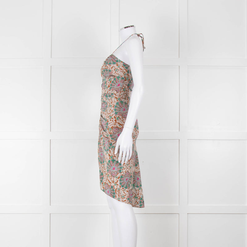 Veronica Beard Cream Tan Turquoise Paisley Halter Mini Dress