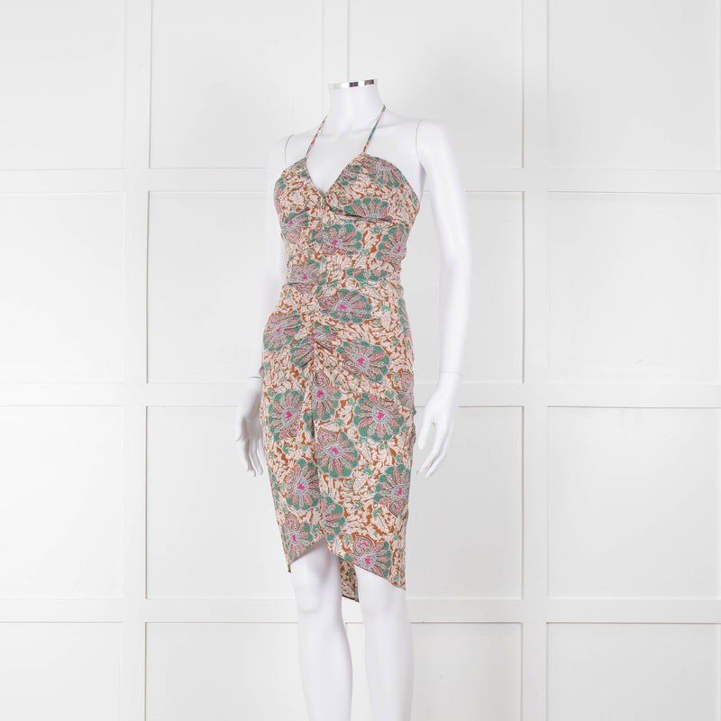 Veronica Beard Cream Tan Turquoise Paisley Halter Mini Dress