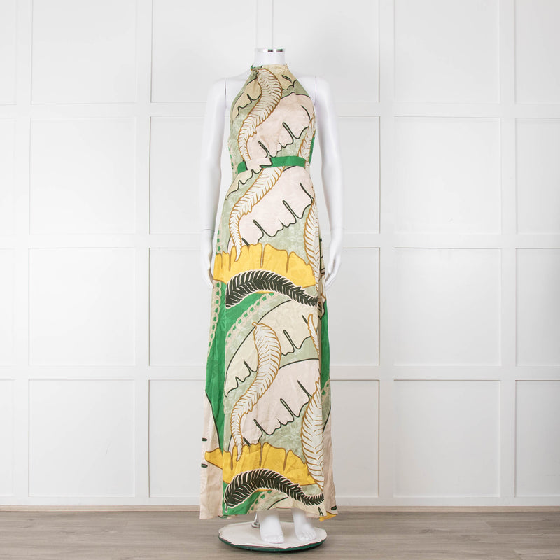 Juan D Dios Cream Green Botanical Print Halter Maxi Dress