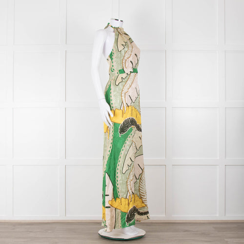 Juan D Dios Cream Green Botanical Print Halter Maxi Dress
