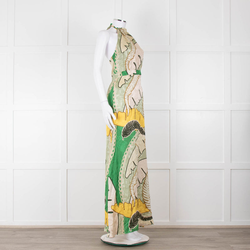 Juan D Dios Cream Green Botanical Print Halter Maxi Dress