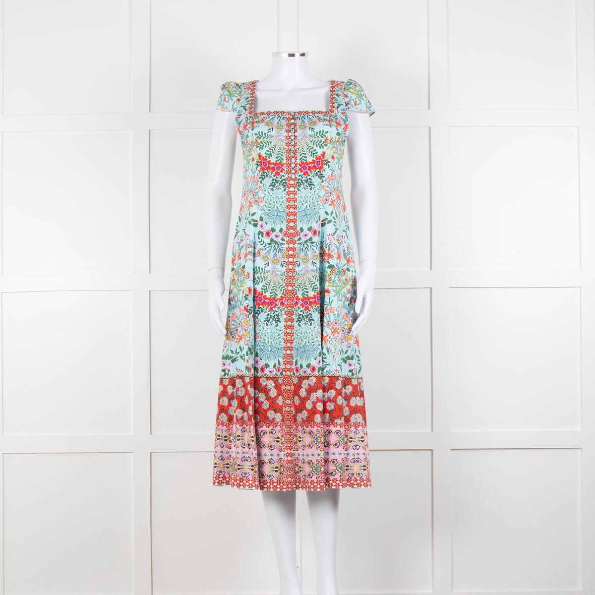 Alice + Olivia Pale Blue Coral Pink Green Floral Cap Sleeve Dress