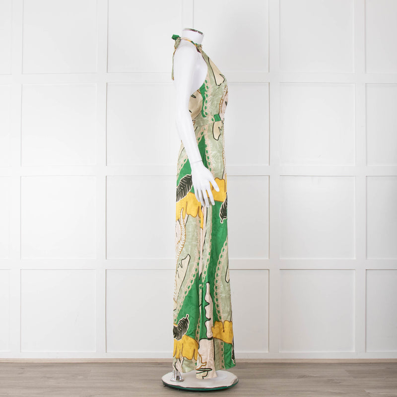 Juan D Dios Cream Green Botanical Print Halter Maxi Dress