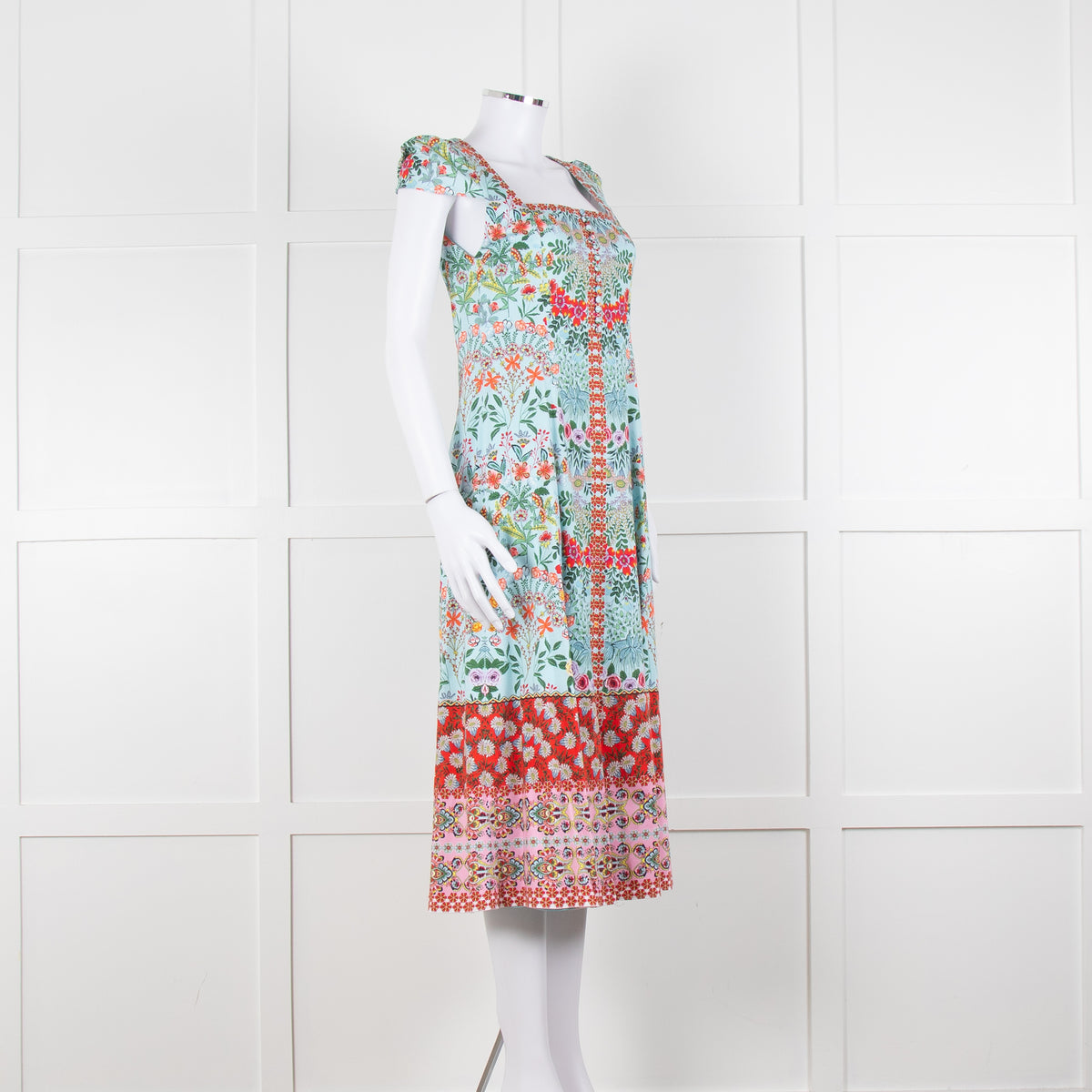 Alice + Olivia Pale Blue Coral Pink Green Floral Cap Sleeve Dress