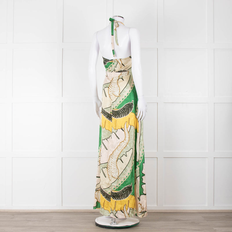 Juan D Dios Cream Green Botanical Print Halter Maxi Dress