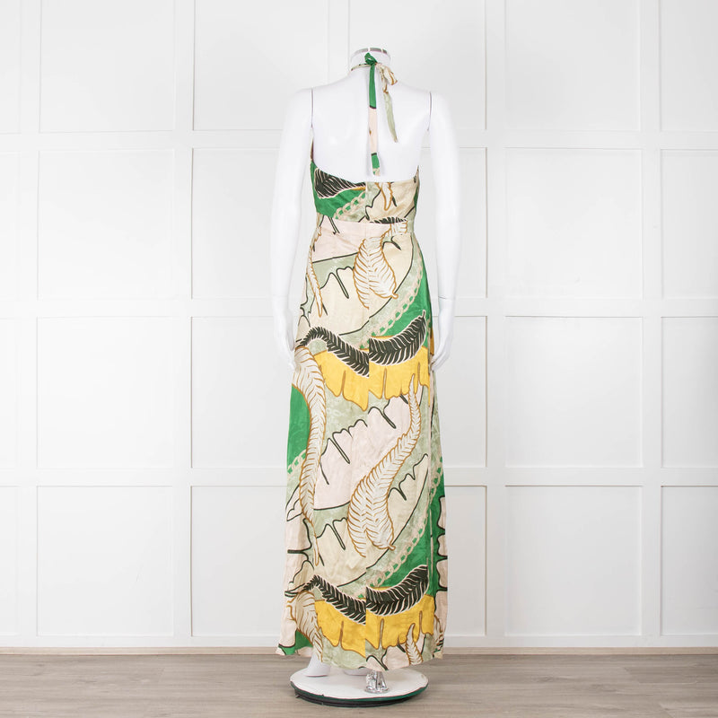 Juan D Dios Cream Green Botanical Print Halter Maxi Dress