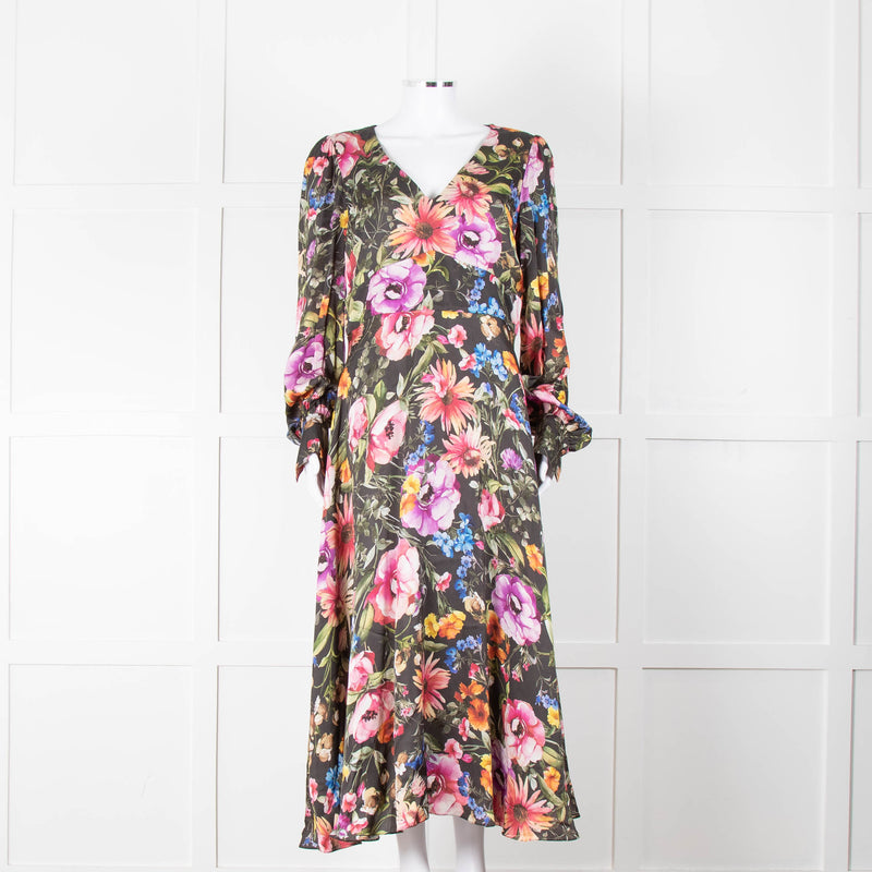 Jane Atelier Black Oversized Floral Midi Dress with Button Cuffs