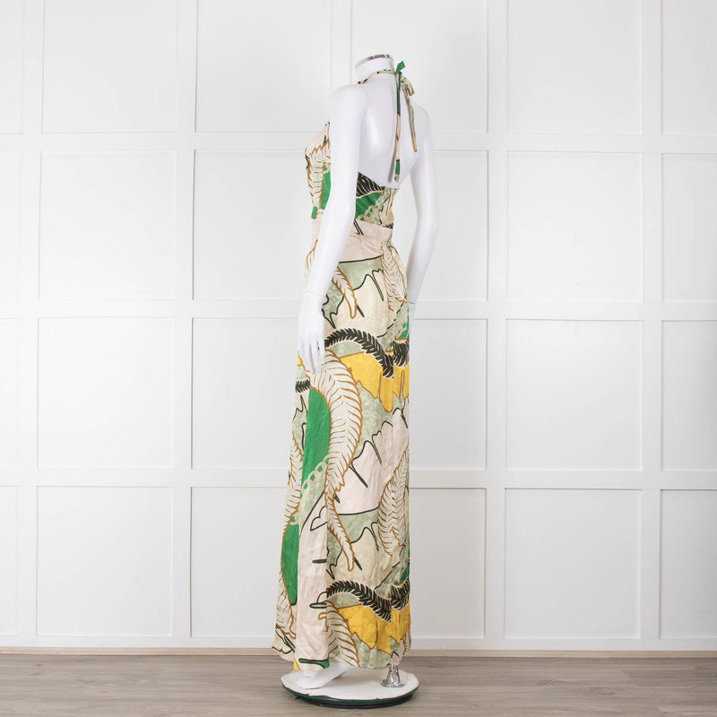 Juan D Dios Cream Green Botanical Print Halter Maxi Dress
