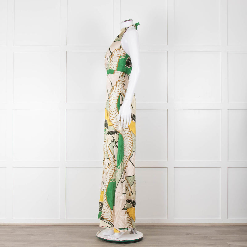 Juan D Dios Cream Green Botanical Print Halter Maxi Dress
