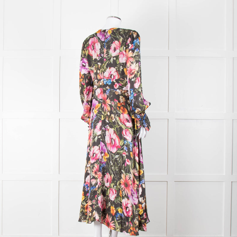 Jane Atelier Black Oversized Floral Midi Dress with Button Cuffs