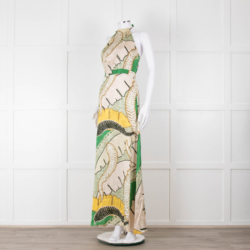 Juan D Dios Cream Green Botanical Print Halter Maxi Dress