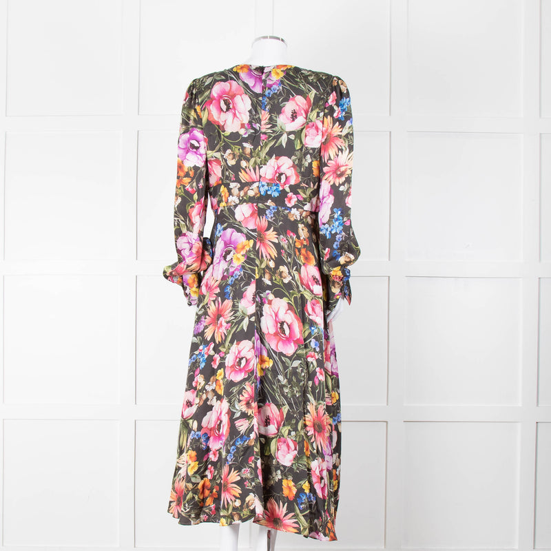 Jane Atelier Black Oversized Floral Midi Dress with Button Cuffs