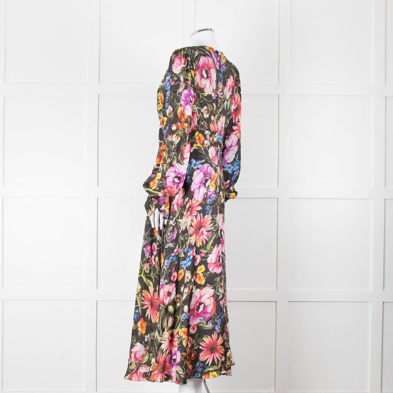 Jane Atelier Black Oversized Floral Midi Dress with Button Cuffs