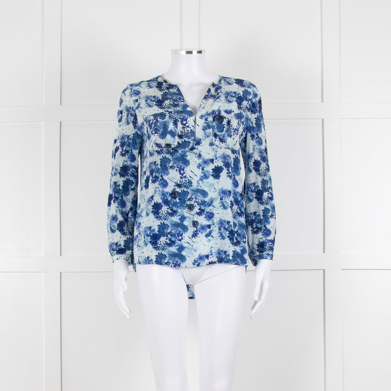 Mercy Delta Pale Blue Dark Blue Print Long Sleeve Silk Top