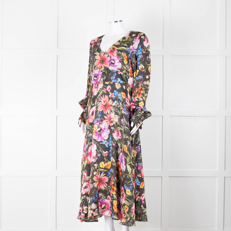 Jane Atelier Black Oversized Floral Midi Dress with Button Cuffs