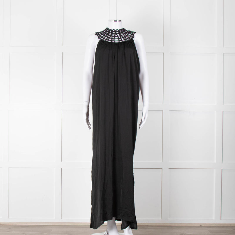 See The Sea Black Cage Neck 100% Silk Maxi Dress