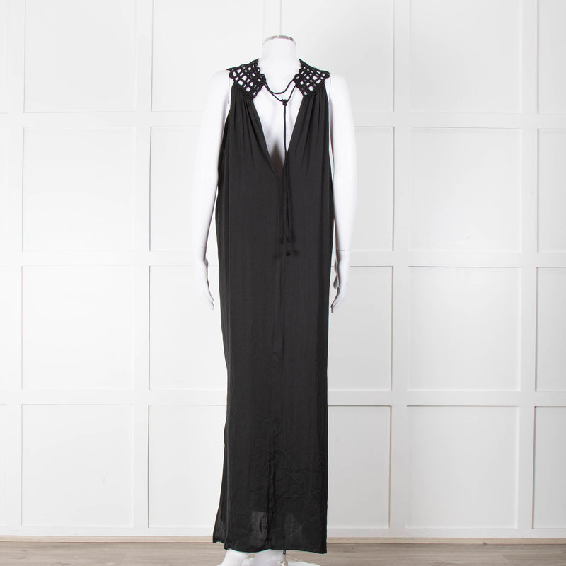 See The Sea Black Cage Neck 100% Silk Maxi Dress