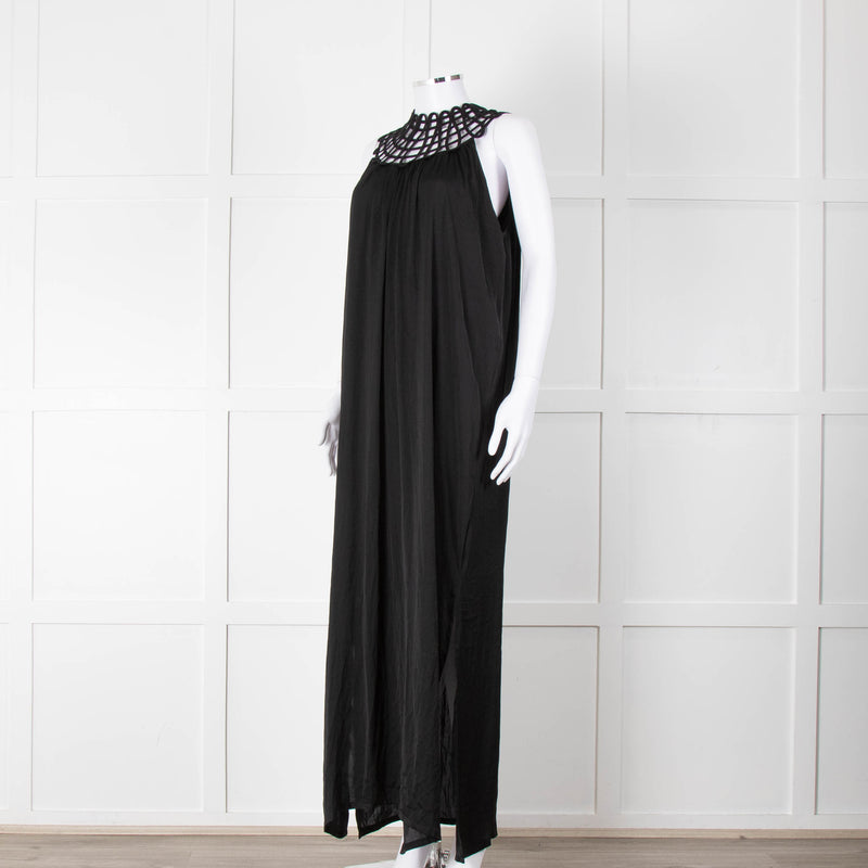 See The Sea Black Cage Neck 100% Silk Maxi Dress