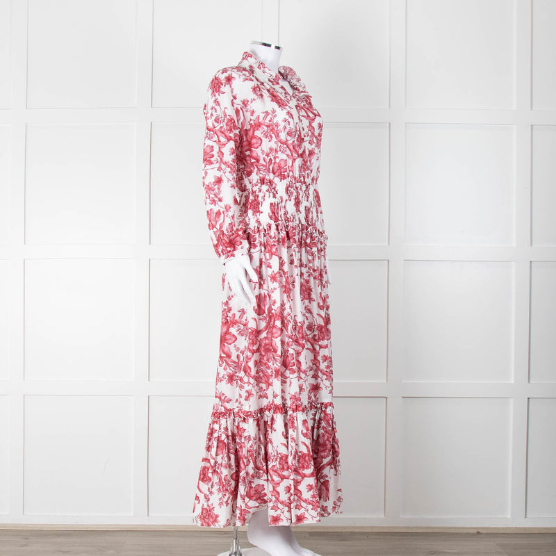 Lavi Pink and White Floral Cotton Maxi Dress with Smocked Waist