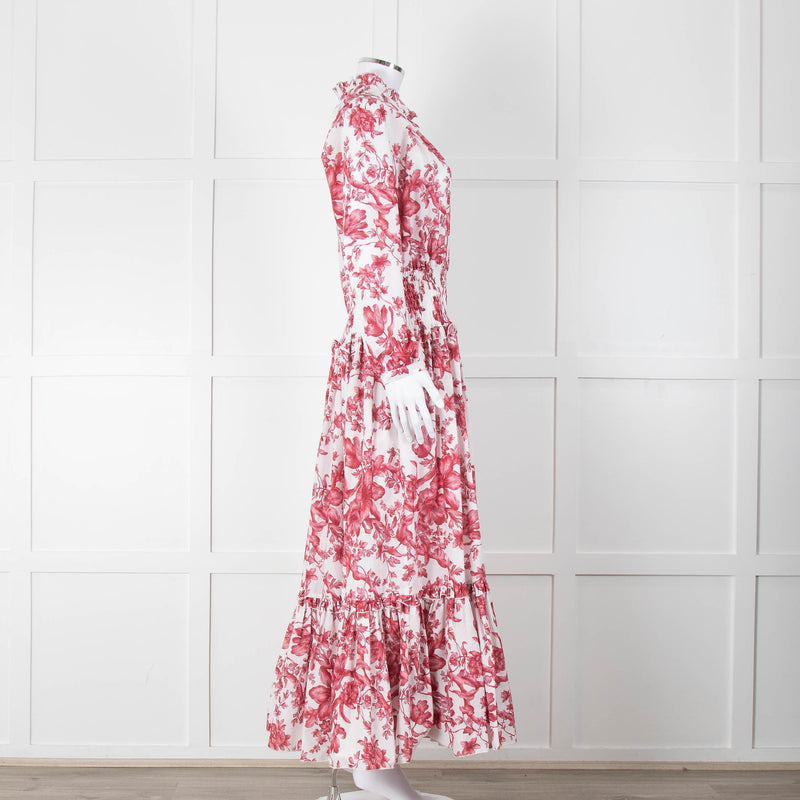 Lavi Pink and White Floral Cotton Maxi Dress with Smocked Waist