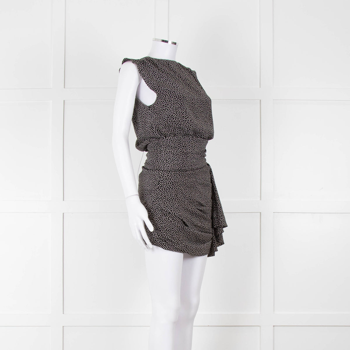 Saint Laurent Black White Polka Dot Gathered Sleeveless Mini Dress