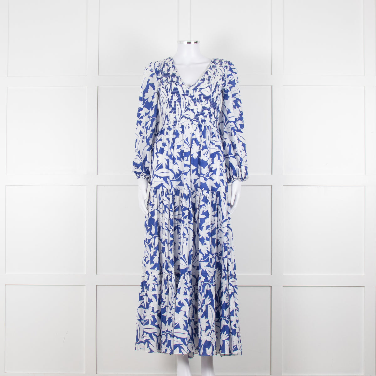 Rixo Blue White  Floral Print Tiered  Maxi Dress