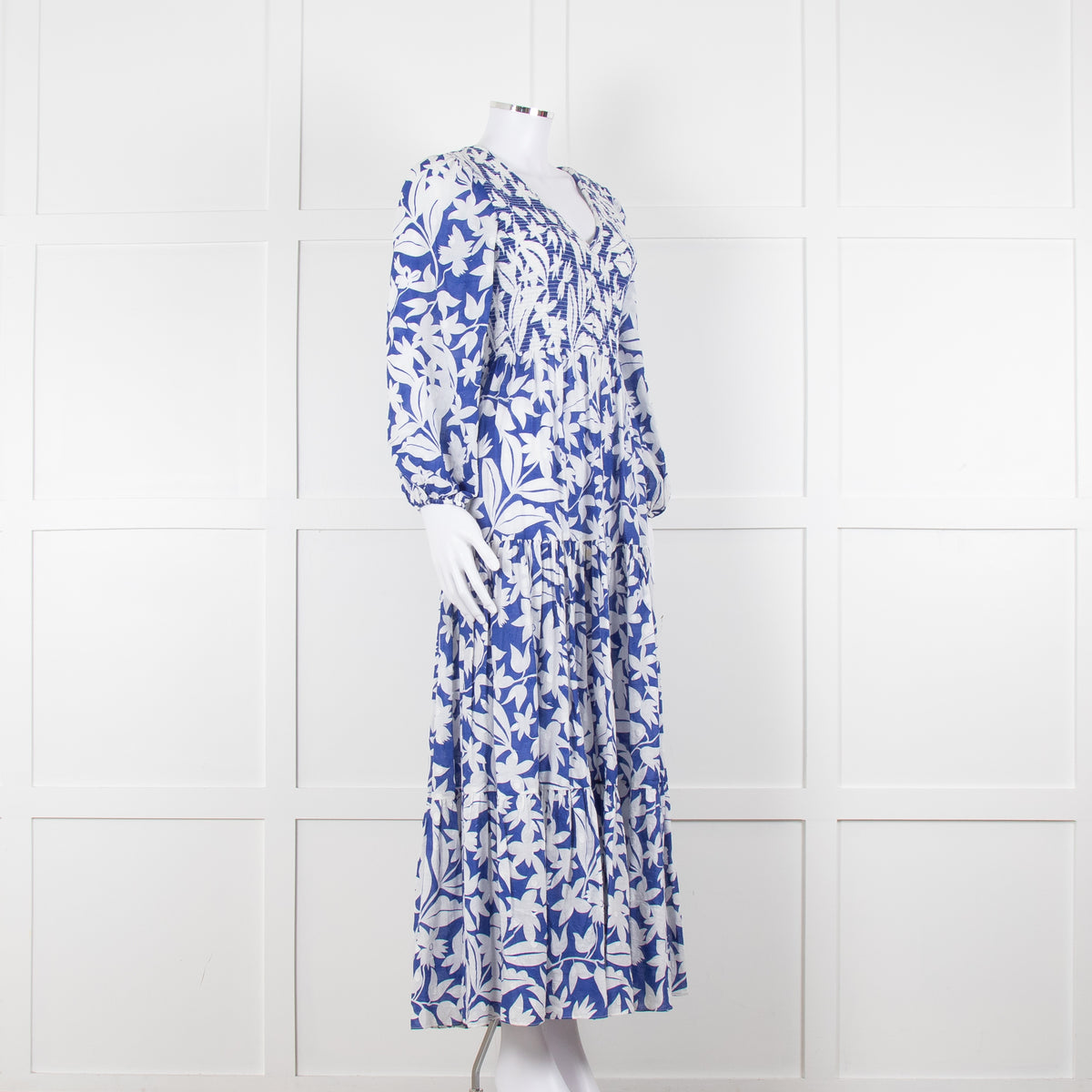 Rixo Blue White  Floral Print Tiered  Maxi Dress