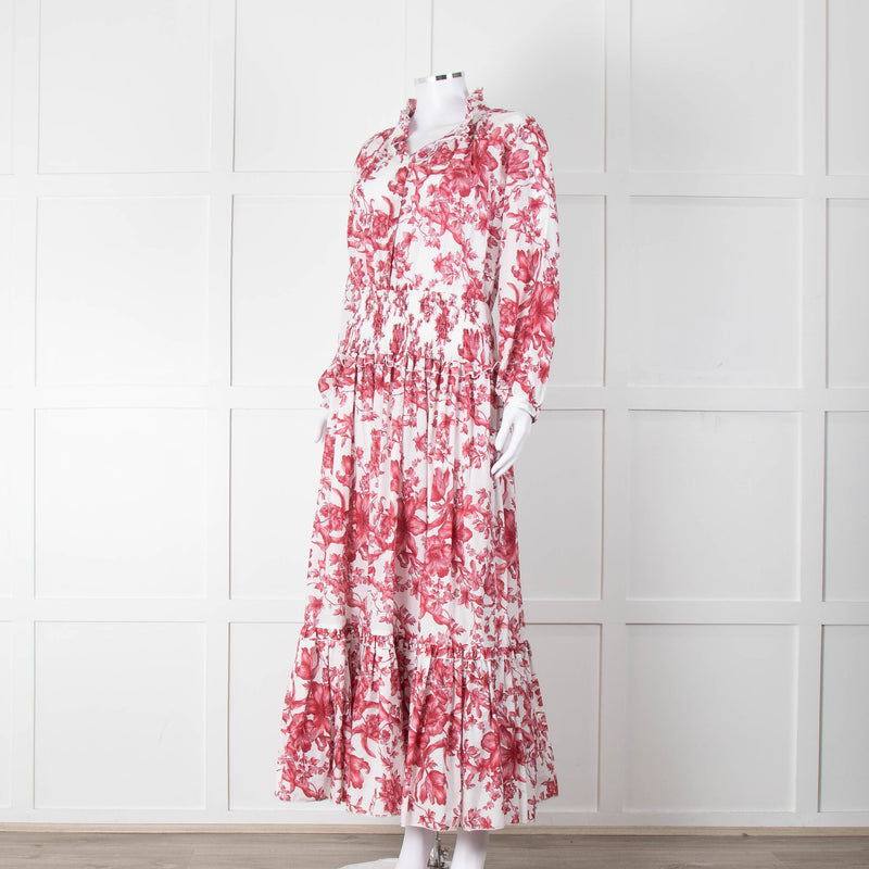 Lavi Pink and White Floral Cotton Maxi Dress with Smocked Waist